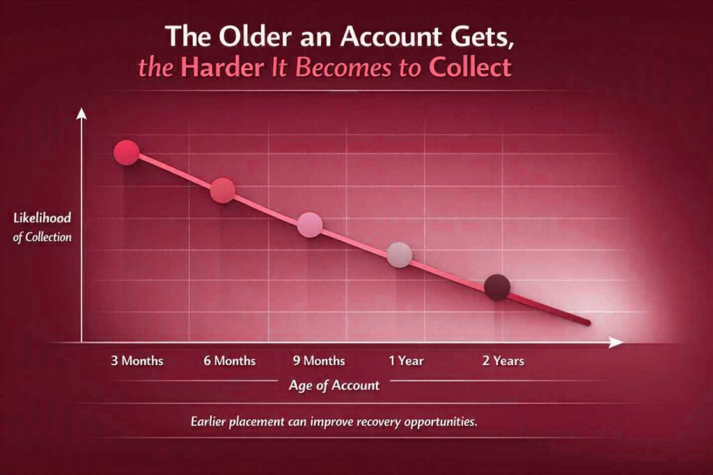 a line graph depicting the correlation between overdrawn account age and difficulty collecting on the account