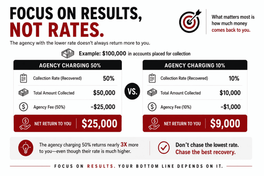 Infographic titled 'Focus on Results, Not Rates' comparing two debt collection agencies on a $100,000 example. Agency charging 50%: 50% collection rate, $50,000 collected, $25,000 fee, $25,000 net return. Agency charging 10%: 10% collection rate, $10,000 collected, $1,000 fee, $9,000 net return. Callout notes the 50%-fee agency returns nearly 3x more despite the higher rate. Tagline: 'Don't chase the lowest rate. Chase the best recovery.